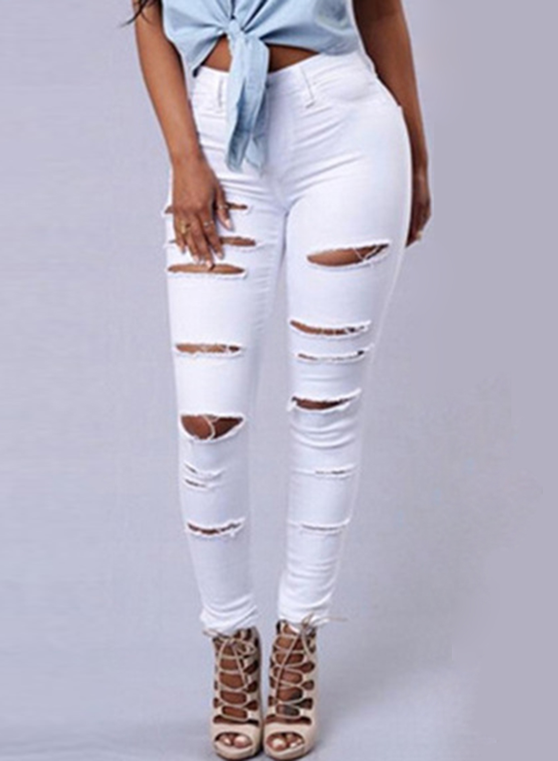 Skinny Destroyed Ripped Hole Denim Pants Stretch Pencil Jeans ...